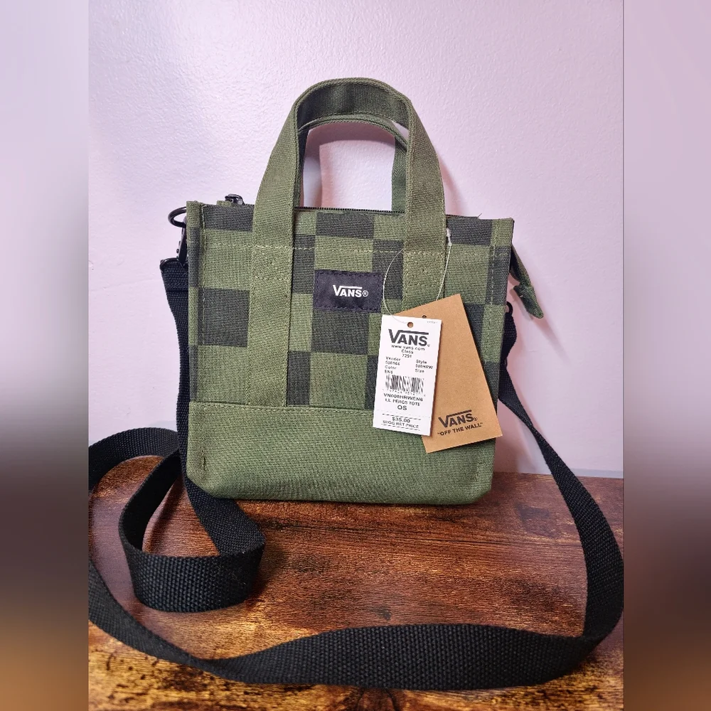 NWT Vans Little Pergs Tote Bag Checkered Pine Olive Green Black Crossbody Strap - Picture 1 of 3